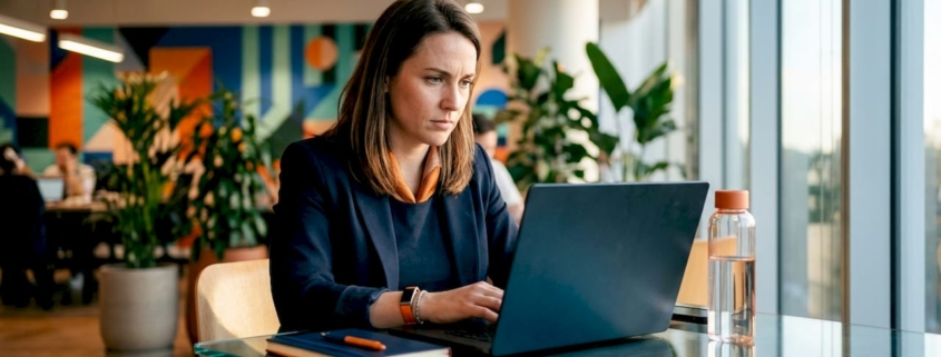 Eine Geschäftsfrau sitzt an ihrem Schreibtisch und plant ihre nächste Google Ads Kampagne.