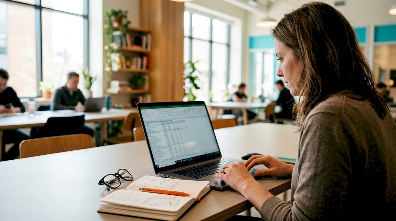 Eine Frau prüft am Laptop die Kostenstruktur von Shopware.