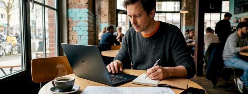 Ein Mann recherchiert am Laptop verschiedene Alternativen zu Shopware und vergleicht die Anbieter.