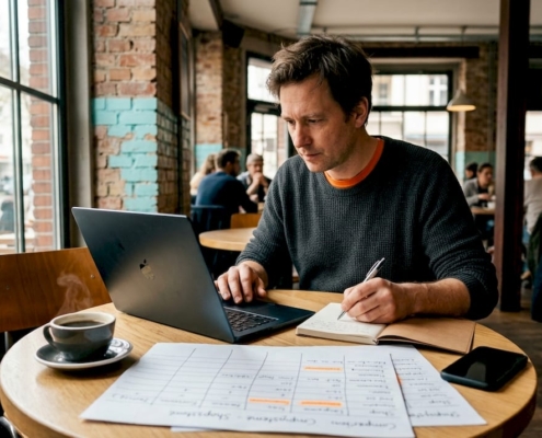Ein Mann recherchiert am Laptop verschiedene Alternativen zu Shopware und vergleicht die Anbieter.