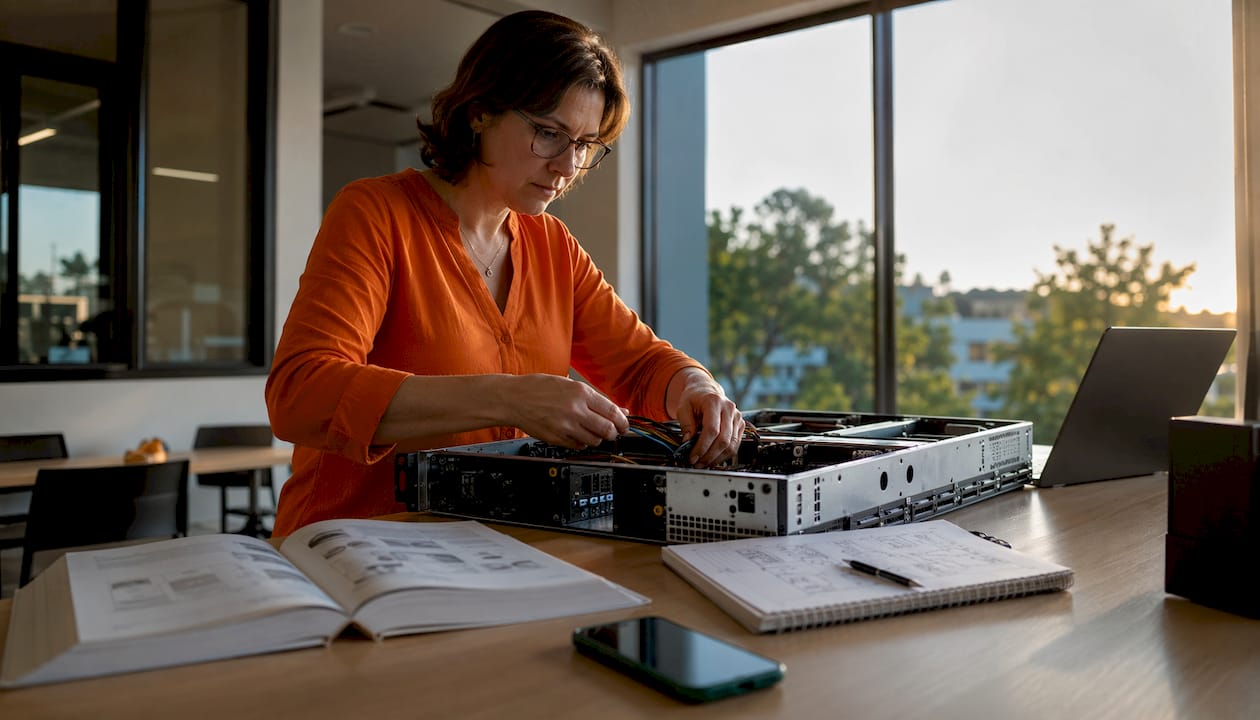 Eine Frau baut an ihrem Schreibtisch Server-Hardware zusammen.
