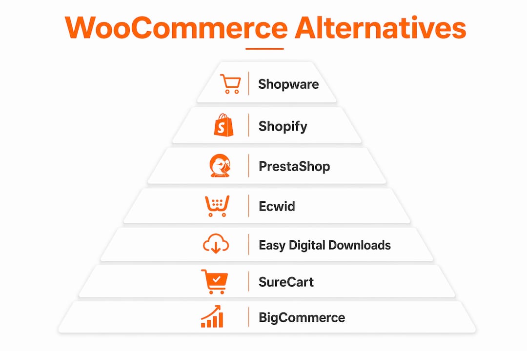 Übersicht der besten WooCommerce-Alternativen als Pyramide dargestellt
