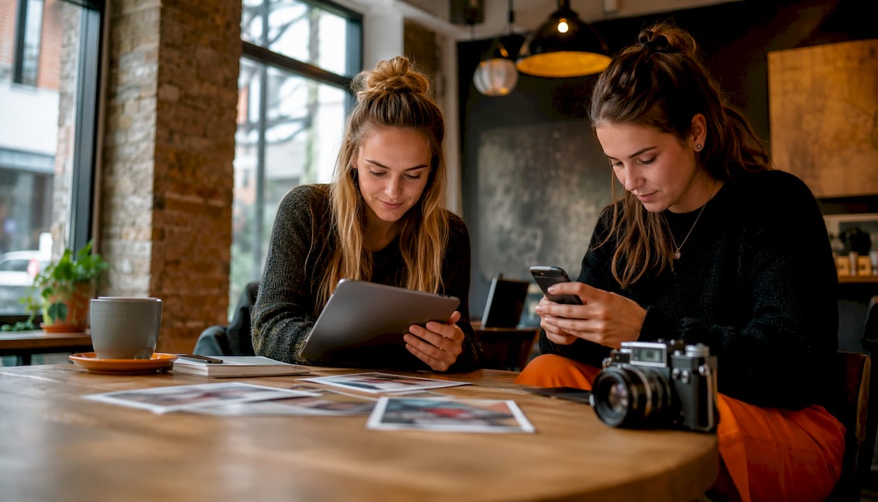 Zwei Frauen suchen gemeinsam passende Fotos für ihr Profil aus.