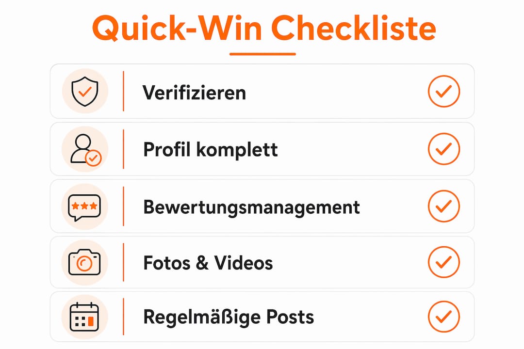 Übersichtliche Infografik: Die wichtigsten Sofort-Tipps für dein Google-Unternehmensprofil auf einen Blick