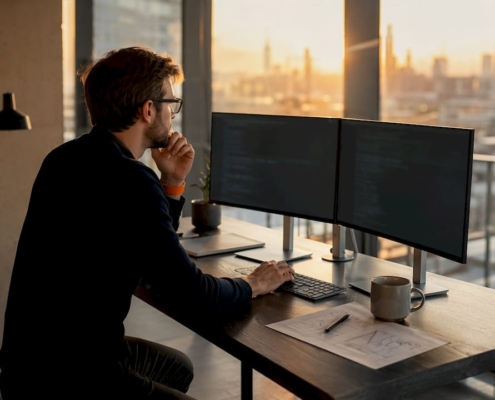 Eine Marketing-Expertin richtet am Schreibtisch das Tracking für Google Ads ein.