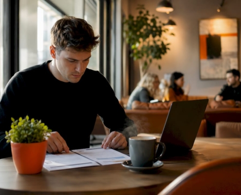 Am Schreibtisch sitzend verschafft sich jemand einen Überblick über verschiedene Jobportale.