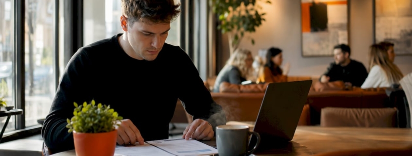 Am Schreibtisch sitzend verschafft sich jemand einen Überblick über verschiedene Jobportale.
