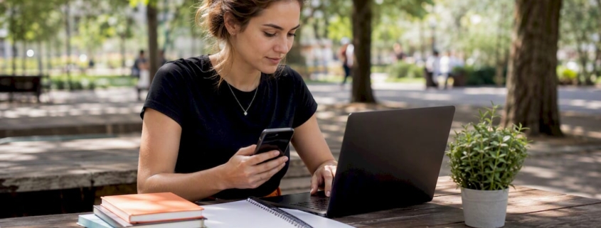 Eine Frau steuert ihre Google Ads-Kampagnen sowohl am Smartphone als auch am Laptop.