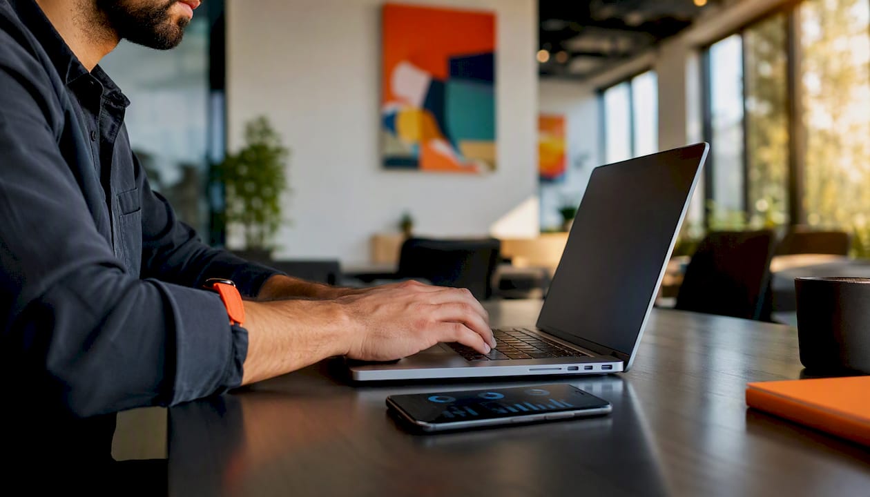 Eine Person richtet auf ihrem Laptop eine Software zur Anrufverfolgung ein.