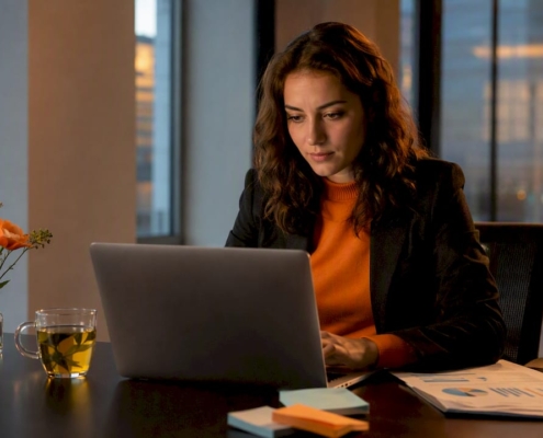 Eine Frau sitzt im Homeoffice und arbeitet konzentriert an ihrem Laptop.
