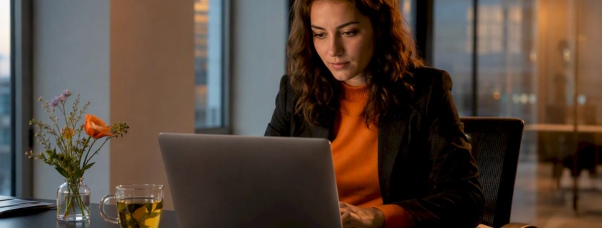Eine Frau sitzt im Homeoffice und arbeitet konzentriert an ihrem Laptop.