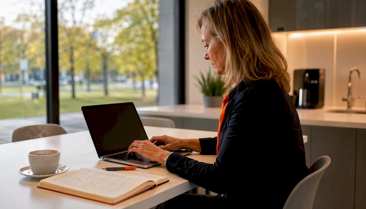 Im Coworking-Space tippen Hände eifrig auf der Laptop-Tastatur.