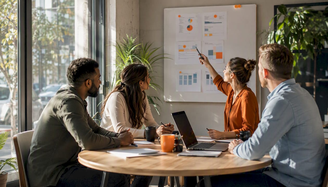 Ein Team bespricht gemeinsam verschiedene Zielgruppenstrategien und analysiert dazu anschauliche Diagramme.