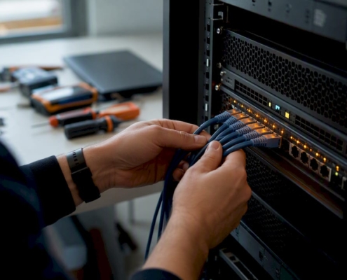 Hände schließen Kabel an einem Serverschrank an.