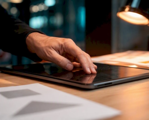 Mit der Hand wird das Dashboard-Layout direkt auf dem Tablet individuell angeordnet.