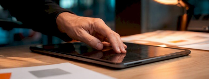 Mit der Hand wird das Dashboard-Layout direkt auf dem Tablet individuell angeordnet.