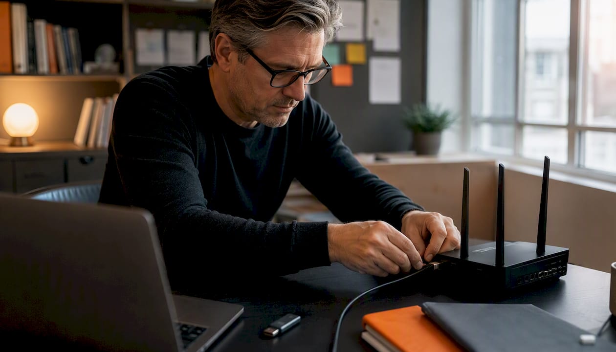 Ein Paar Hände verbindet ein Ethernet-Kabel am Arbeitsplatz und sorgt damit für die richtige Vernetzung der Technik.