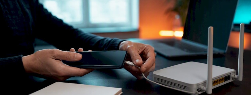 Jemand verbindet sein Smartphone mit dem Router, um die Verbindung oder den Datenverkehr zu überwachen.