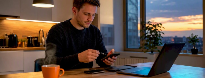 Hände richten ein Smartphone für die Anzeigenschaltung ein