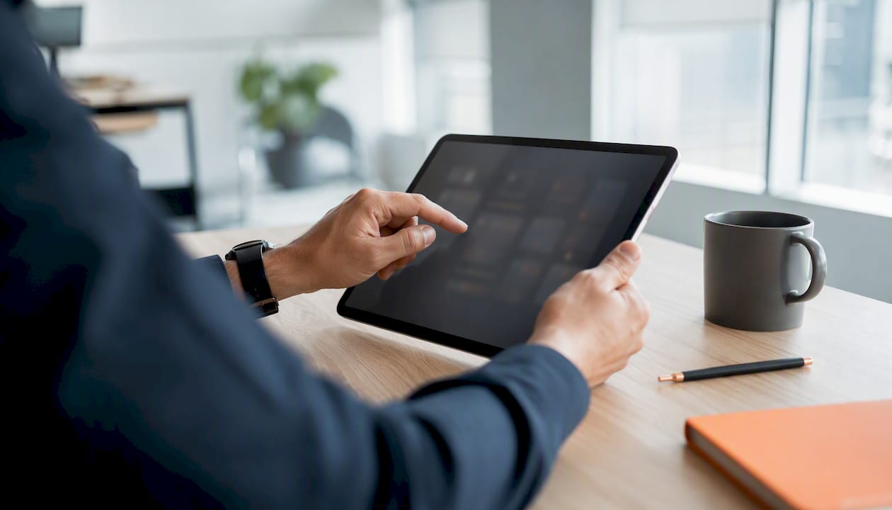 Mehrere Hände zeigen auf die Punktetafel, die auf einem Tablet angezeigt wird.