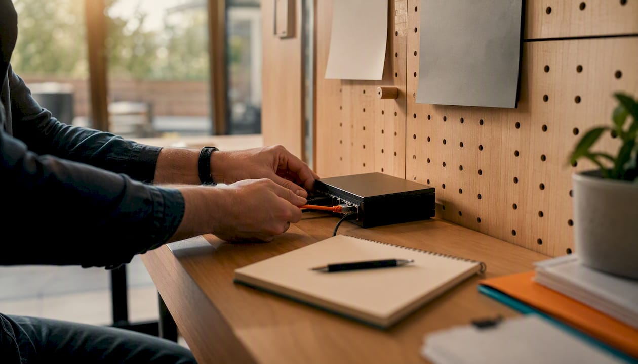 Hände schließen ein Netzwerkkabel an, um die Datenverbindung einzurichten.
