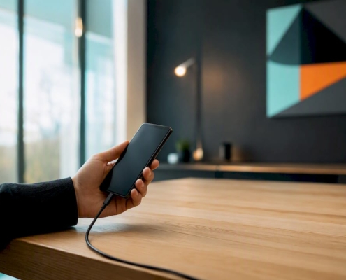 Eine Hand hält ein Smartphone, direkt neben einem aufgeklappten Laptop auf dem Schreibtisch.