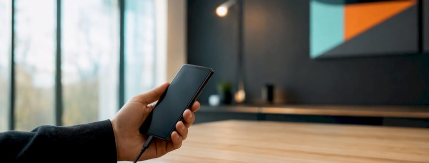 Eine Hand hält ein Smartphone, direkt neben einem aufgeklappten Laptop auf dem Schreibtisch.