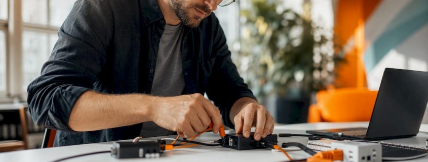 Hände, die Automatisierungshardware anschließen