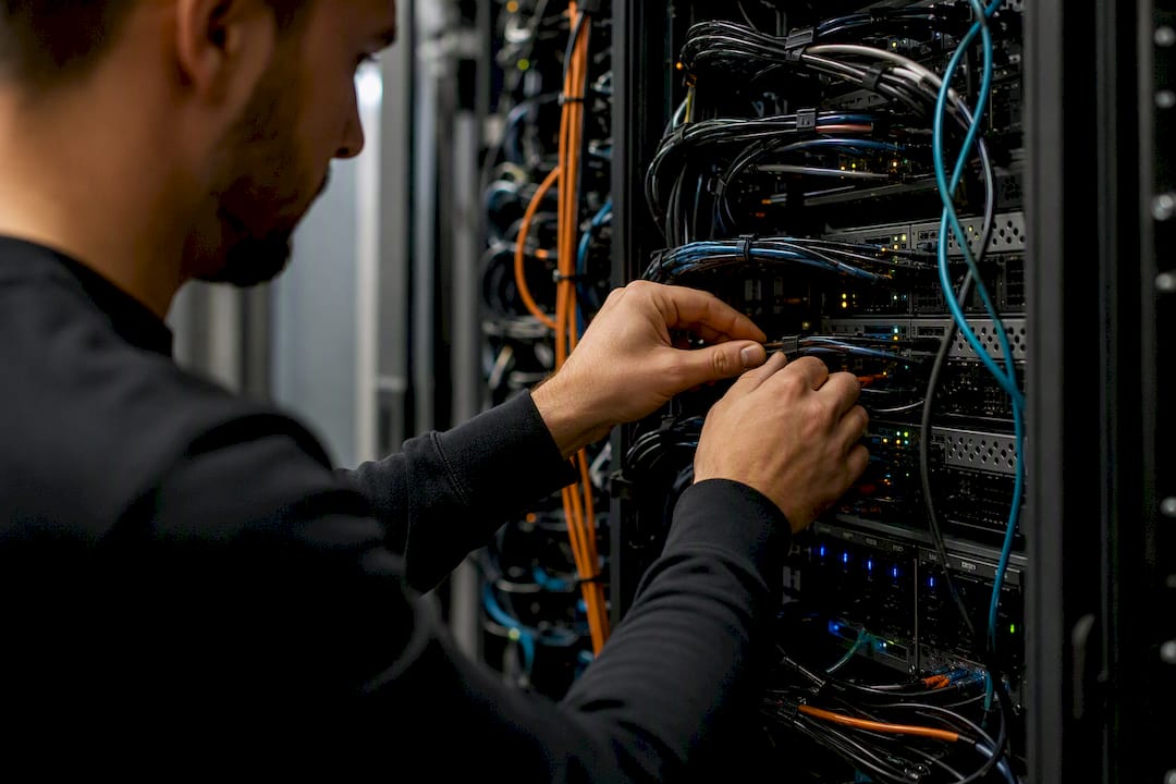 Hände, die Datenkabel im Rechenzentrum reinigen