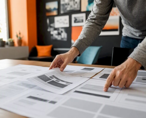 Hände, die Wireframes für ein E-Commerce-Dashboard anordnen