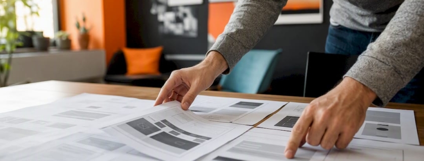 Hände, die Wireframes für ein E-Commerce-Dashboard anordnen