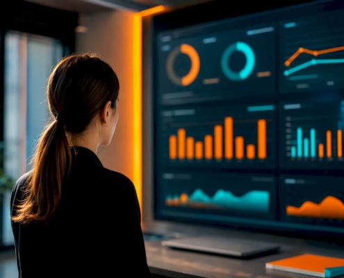 Das Marketingteam wertet ein farbcodiertes Tracking-Dashboard aus