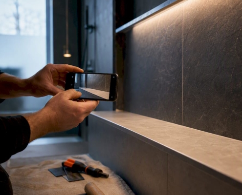 Handwerker macht ein Foto von der abgeschlossenen Renovierung