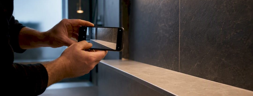 Handwerker macht ein Foto von der abgeschlossenen Renovierung